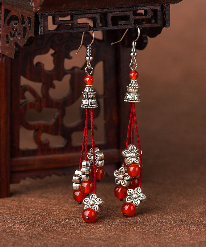 Vintage Red Agate Beads Silver Flower Drop Earrings