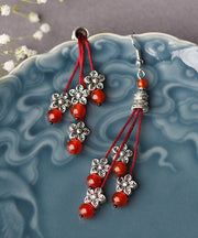 Vintage Red Agate Beads Silver Flower Drop Earrings