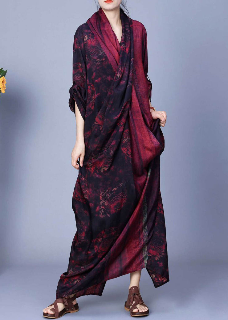 Vintage Red Asymmetrical Back Side Open Silk Cotton Dress Fall