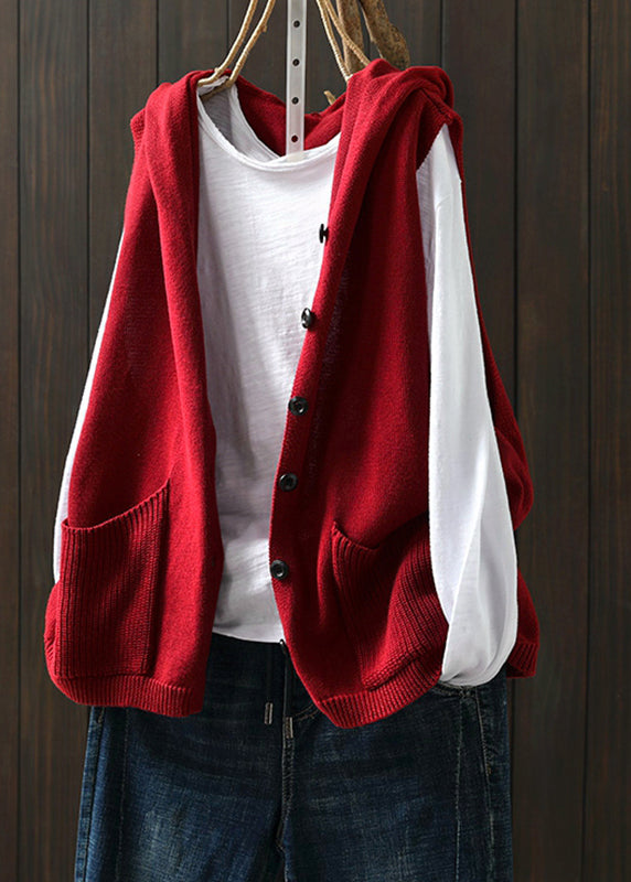 Vintage Red Button Knitted Cotton Thread Hoodie Waistcoat Fall