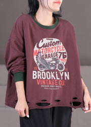 Vintage Red Chocolate Colour O-Neck Alphabet Print Cotton Sweatshirt Fall