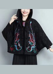 Vintage Red Embroidered Chinese Button Hooded Warm Fleece Coat Spring