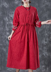 Vintage Red Embroidered Jacquard Cotton Cinched Dresses Fall