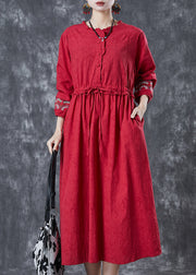 Vintage Red Embroidered Jacquard Cotton Cinched Dresses Fall