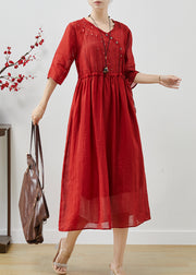 Vintage Red Embroidered Linen Cinched Dress Summer