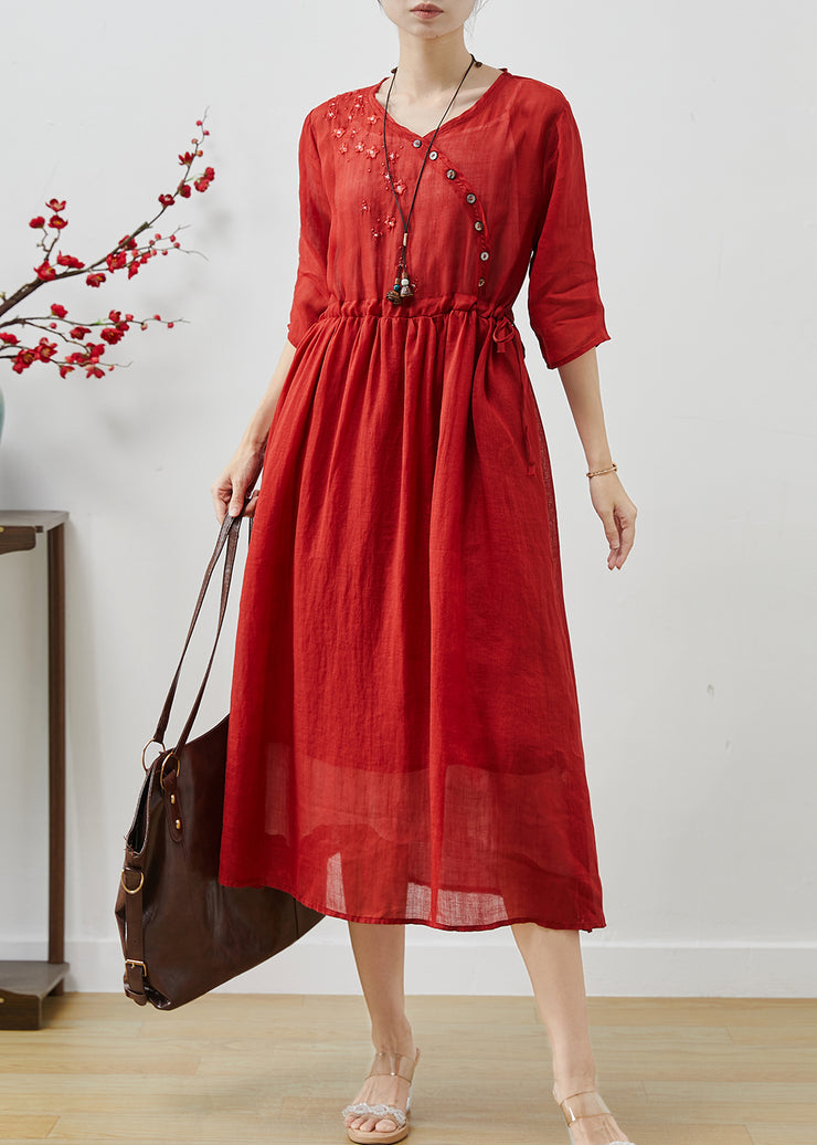 Vintage Red Embroidered Linen Cinched Dress Summer