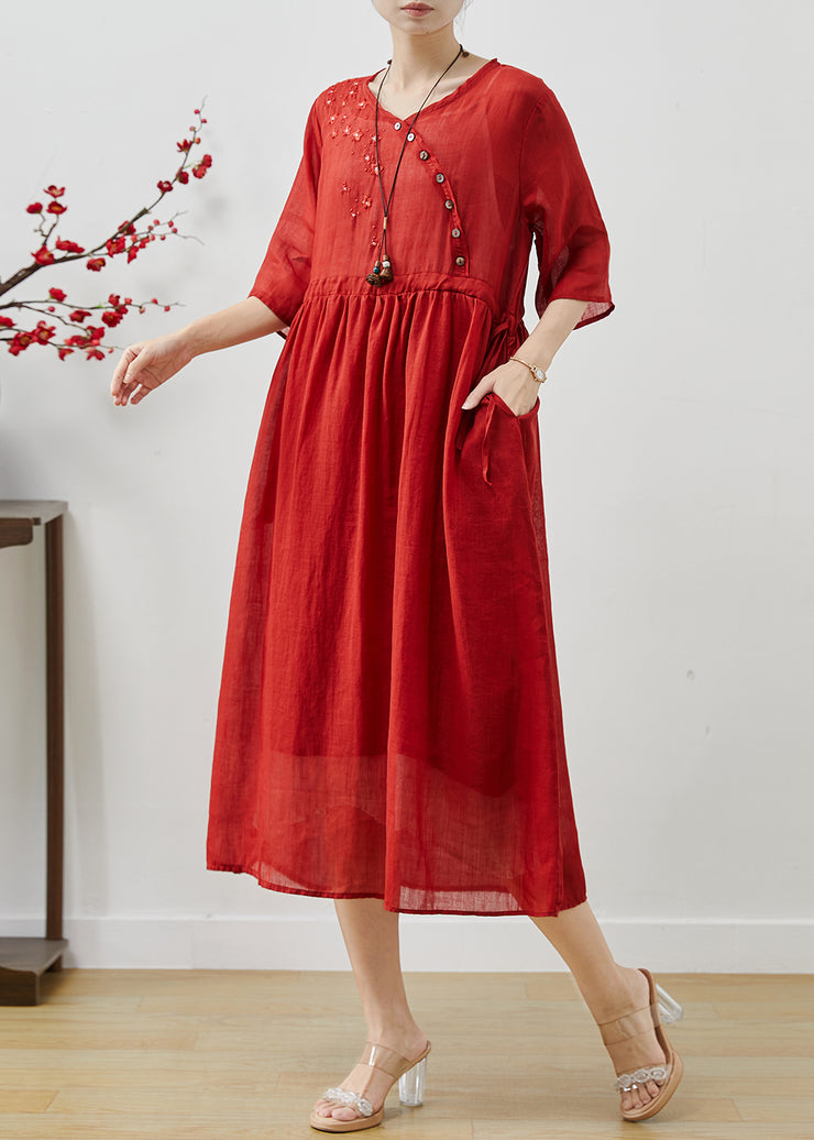 Vintage Red Embroidered Linen Cinched Dress Summer