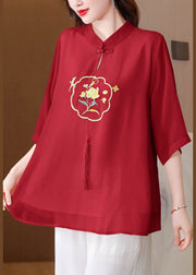 Vintage Red Embroidered Tasseled Silk Blouse Tops Summer
