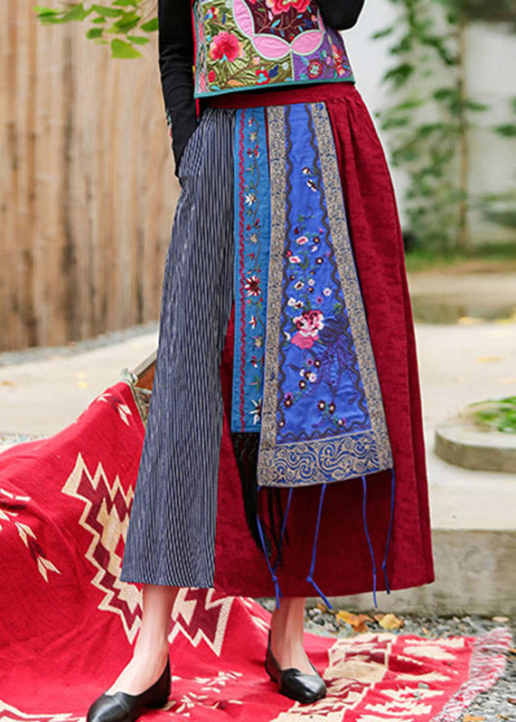 Vintage Red Embroideried Floral A Line Skirt Summer