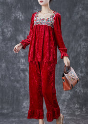 Vintage Red Embroidered Patchwork Silk Velour Women Two Piece Set Fall