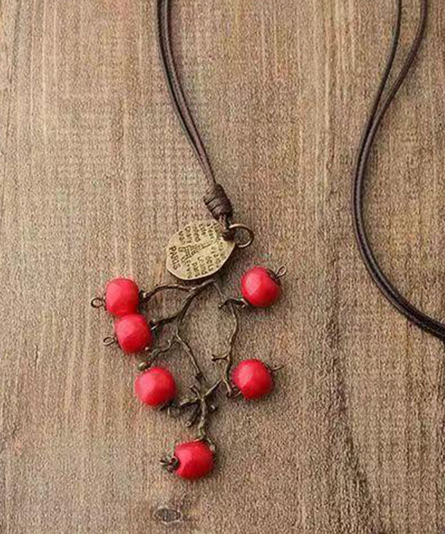 Vintage Red Hand Knitting Red Apple Vine Pendant Necklace