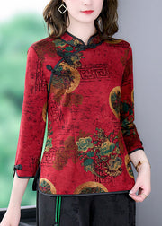 Vintage Red Mandarin Collar Chinese Button Print Silk Shirt Top Bracelet Sleeve