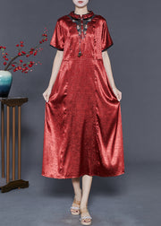 Vintage Red Mandarin Collar Embroidered Silk Dresses Summer