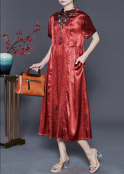 Vintage Red Mandarin Collar Embroidered Silk Dresses Summer