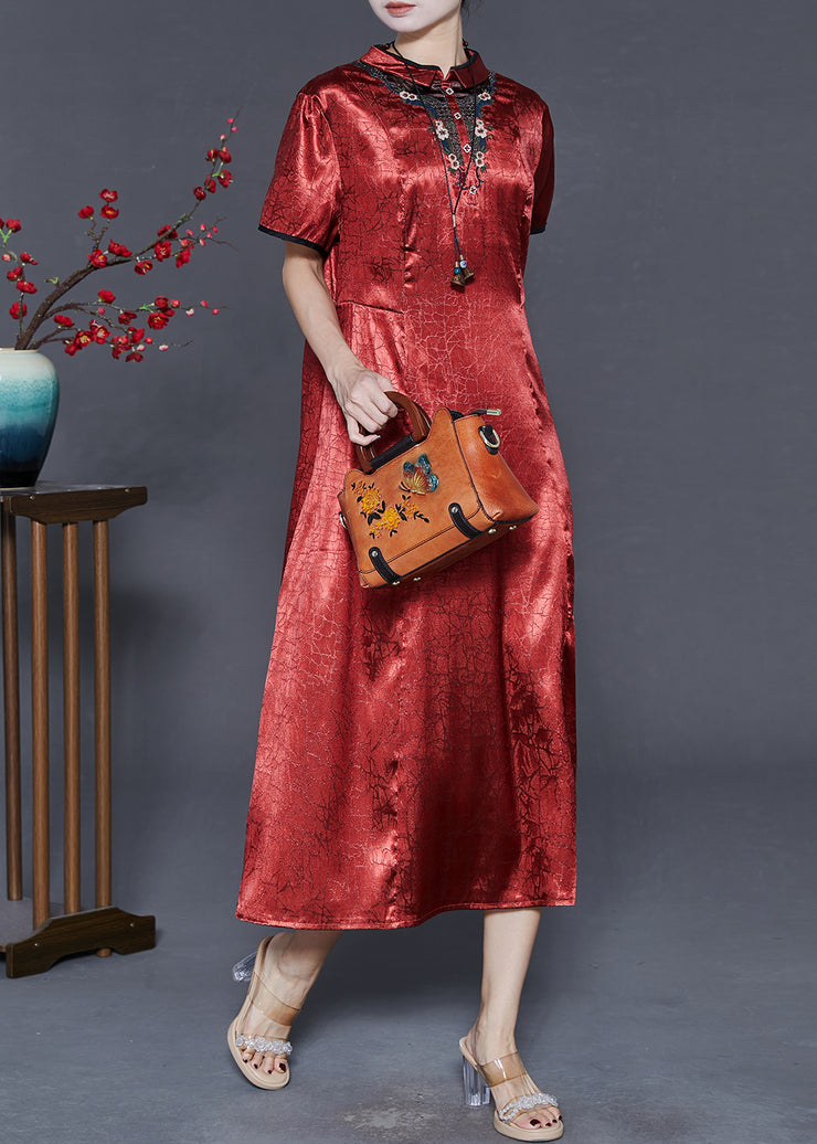 Vintage Red Mandarin Collar Embroidered Silk Dresses Summer