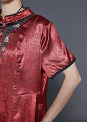 Vintage Red Mandarin Collar Embroidered Silk Dresses Summer