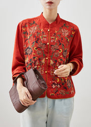 Vintage Red Mandarin Collar Embroidered Silk Shirt Top Fall