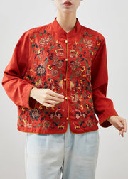 Vintage Red Mandarin Collar Embroidered Silk Shirt Top Fall