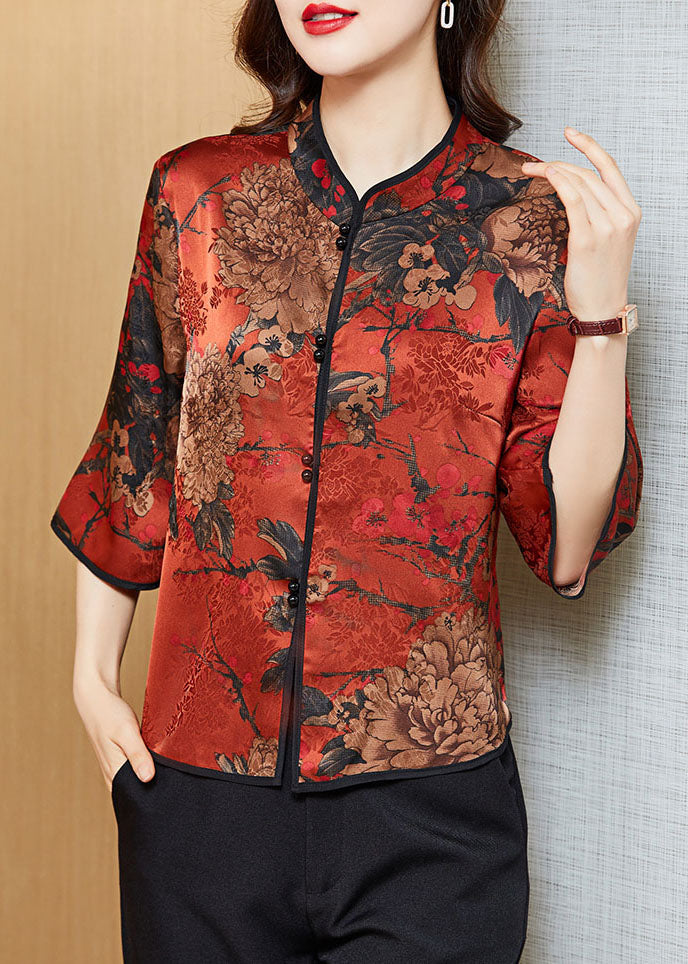 Vintage Red-print2 Mandarin Collar Print Silk Shirt Tops Half Sleeve