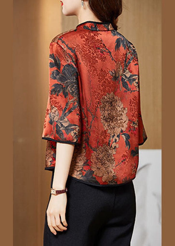 Vintage Red-print3 Mandarin Collar Print Silk Shirt Tops Half Sleeve
