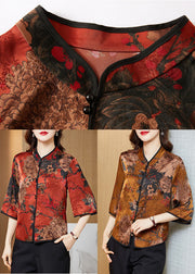 Vintage Red-print4 Mandarin Collar Print Silk Shirt Tops Half Sleeve