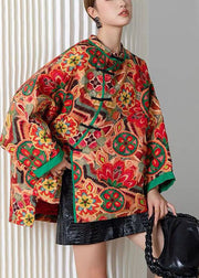 Vintage Red Oriental Button Patchwork Print Fine Cotton Filled Jacket Winter