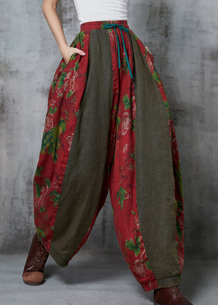 Vintage Red Oversized Patchwork Print Linen Harem Pants Spring
