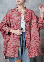 Vintage Red Oversized Print Cotton Coat Outwear Spring