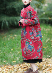 Vintage Red Oversized Print Fine Cotton Filled Maxi Dress Winter