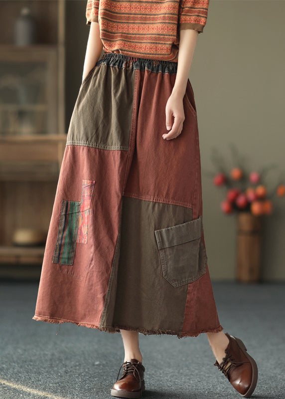 Vintage Red Patchwork Elastic Waist  Pockets Cotton Denim A Line Skirts Fall