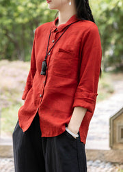 Vintage Red Peter Pan Collar Pockets Shirts Spring