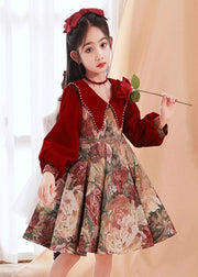 Vintage Red Peter Pan Collar Print Kids Maxi Dress Spring