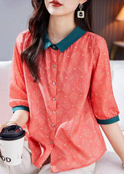 Vintage Red Peter Pan Collar Print Patchwork Linen Shirts Top Summer