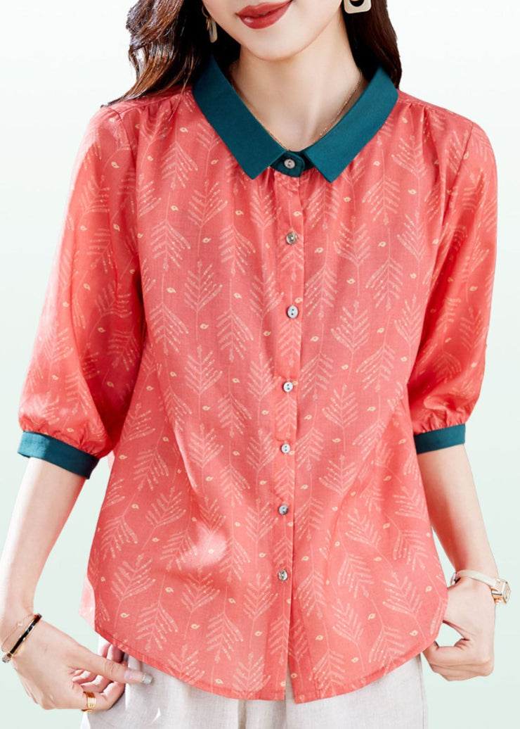 Vintage Red Peter Pan Collar Print Patchwork Linen Shirts Top Summer