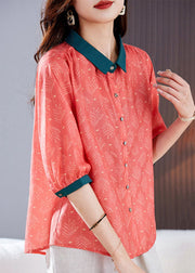 Vintage Red Peter Pan Collar Print Patchwork Linen Shirts Top Summer