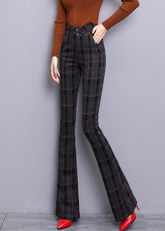 Vintage Red Plaid Button Zippered Woolen Bell Bottomed Trousers Spring