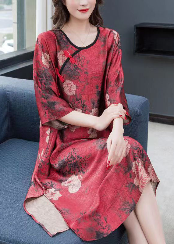 Vintage Red Print Chinese Button Patchwork Chiffon Dresses Summer