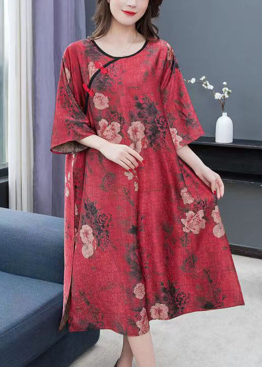 Vintage Red Print Chinese Button Patchwork Chiffon Dresses Summer