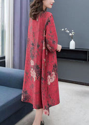 Vintage Red Print Chinese Button Patchwork Chiffon Dresses Summer