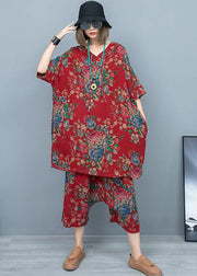 Vintage Red Print Hooded T Shirts And Crop Pants Cotton Two Pieces Set Summer