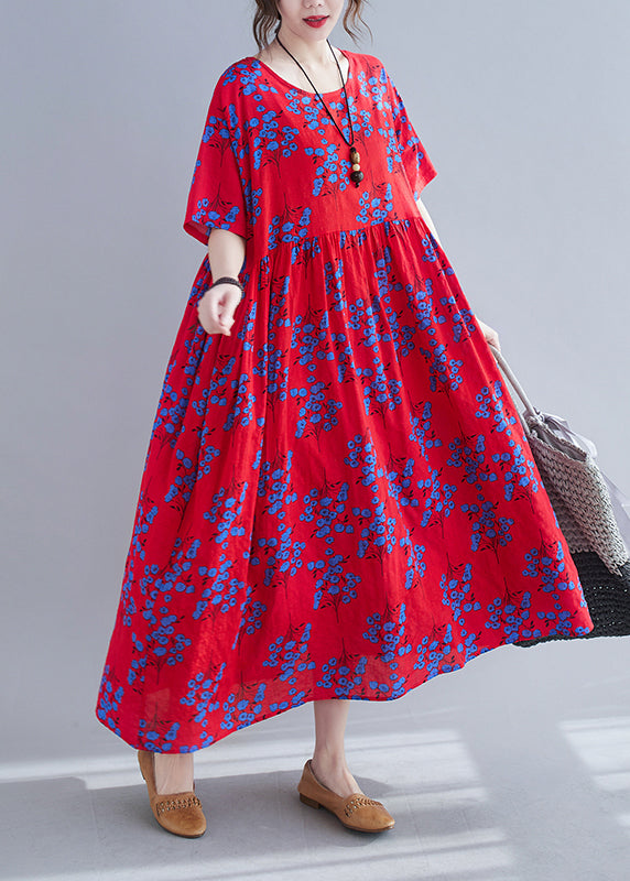 Vintage Red Print Patchwork Maxi Dresses Short Sleeve