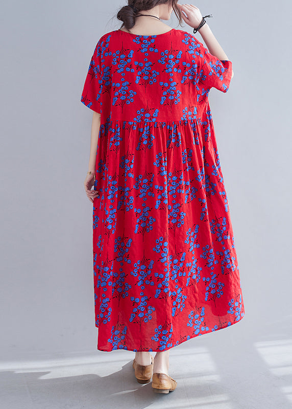 Vintage Red Print Patchwork Maxi Dresses Short Sleeve
