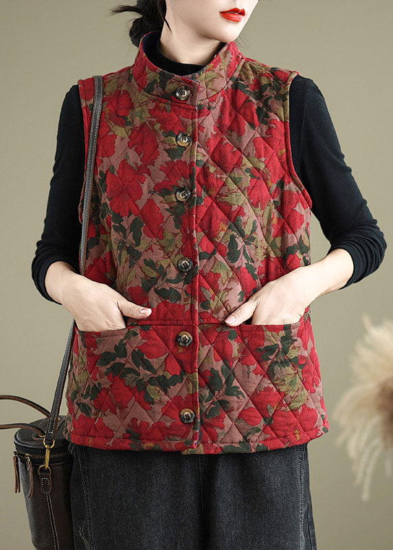 Vintage Red Print Pockets Fine Cotton Filled Vest Sleeveless