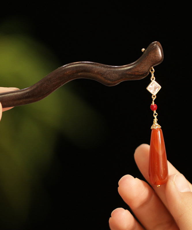 Vintage Red Sandalwood Agate Water Drop Hairpin