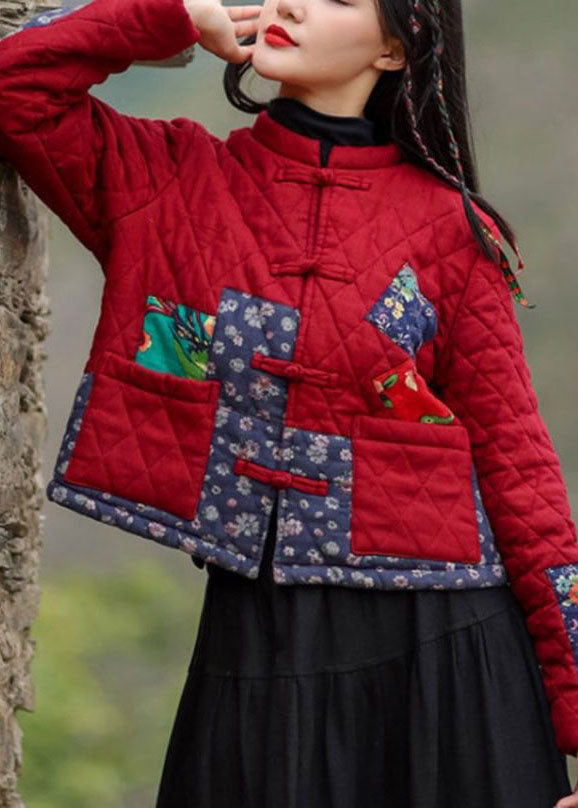 Vintage Red Stand Collar Pockets Patchwork Applique Fine Cotton Filled Coats Winter