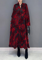 Vintage Red Stand Collar Print Patchwork Loose Velour Dresses Fall