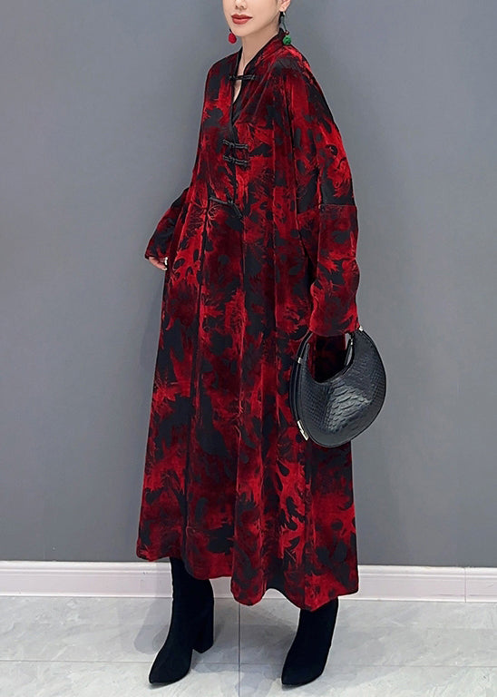 Vintage Red Stand Collar Print Patchwork Loose Velour Dresses Fall