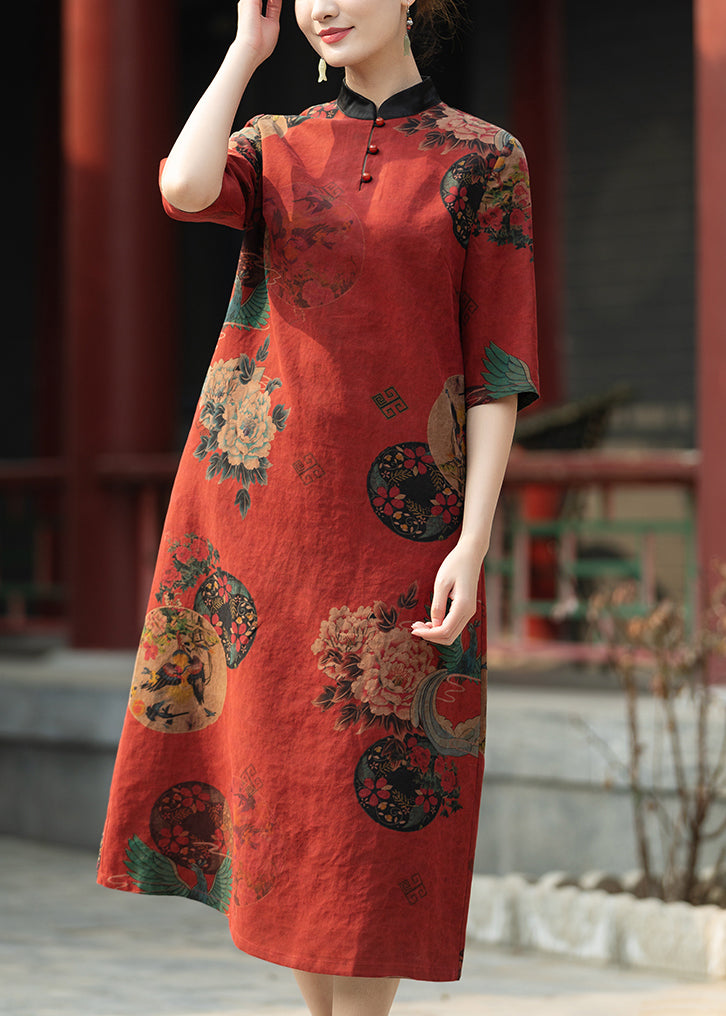 Vintage Red Stand Collar Print Pockets Silk Dresses Summer