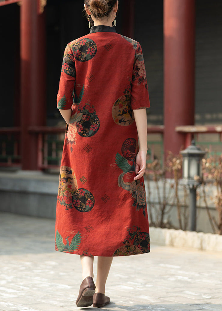 Vintage Red Stand Collar Print Pockets Silk Dresses Summer