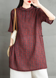 Vintage Red Stand Collar Print Side Open Cotton Dress Summer